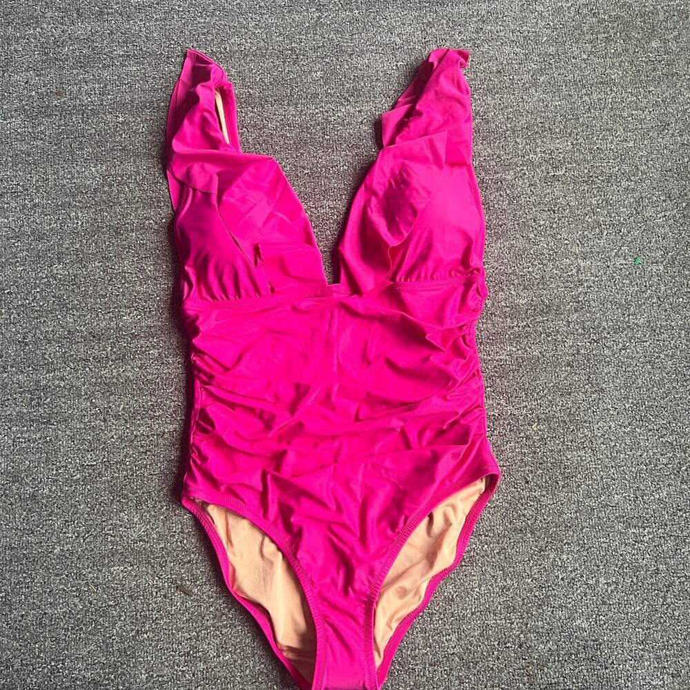 J. Crew Pink Ruffle One Piece Swimsuit NWT Size 14 - Picture 4 of 10